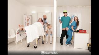 Blonde nurse performing anal gets a glory hole ass fuck